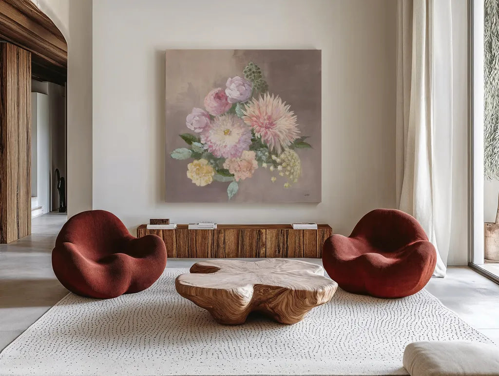 Pale Floral Spray I by Julia Purinton. Shown as extra-large giant wall art in a modern living room. Available as an archival giclee rolled canvas, fine art paper, or poster print. SKU 65158a.