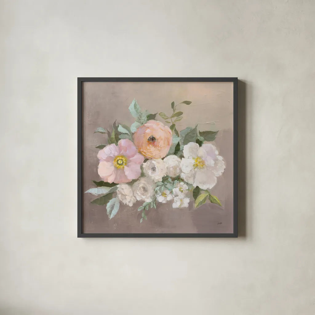 Pale Floral Spray II by Julia Purinton. Shown in a sleek black glass frame for a contemporary gallery look. Available as an archival giclee rolled canvas, fine art paper, or poster print. SKU 65159a.