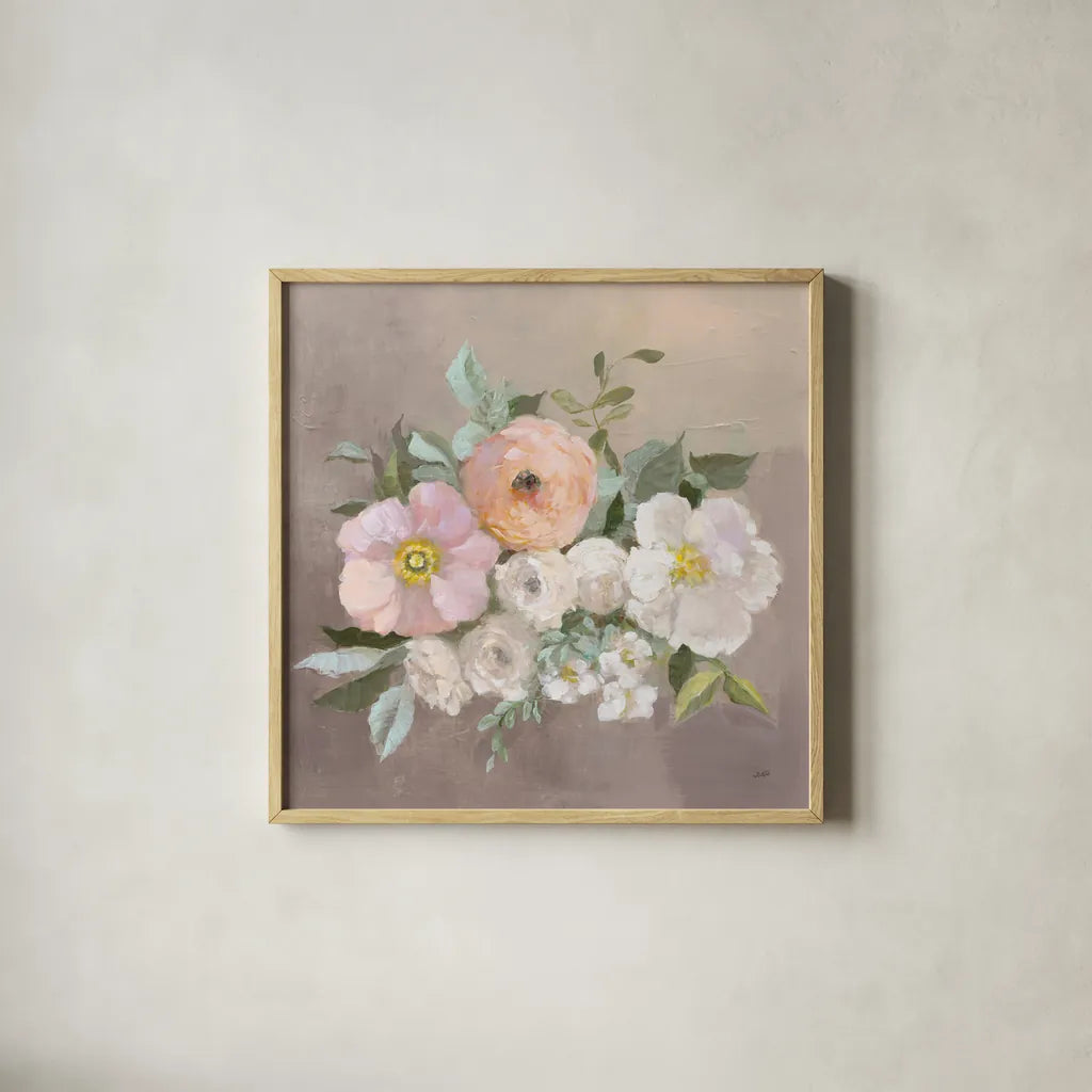 Pale Floral Spray II by Julia Purinton. Shown in a natural wood glass frame for a timeless modern aesthetic. Available as an archival giclee rolled canvas, fine art paper, or poster print. SKU 65159a.