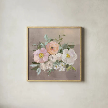 Pale Floral Spray II by Julia Purinton. Shown in a natural wood glass frame for a timeless modern aesthetic. Available as an archival giclee rolled canvas, fine art paper, or poster print. SKU 65159a.