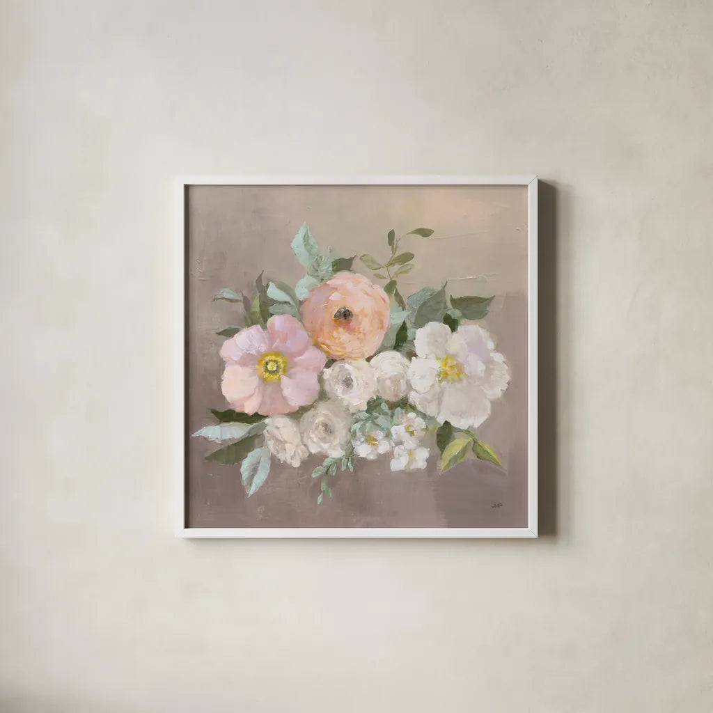 Pale Floral Spray II by Julia Purinton. Shown in a crisp white glass frame for a clean and minimalist style. Available as an archival giclee rolled canvas, fine art paper, or poster print. SKU 65159a.
