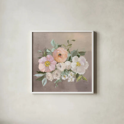 Pale Floral Spray II by Julia Purinton. Shown in a crisp white glass frame for a clean and minimalist style. Available as an archival giclee rolled canvas, fine art paper, or poster print. SKU 65159a.