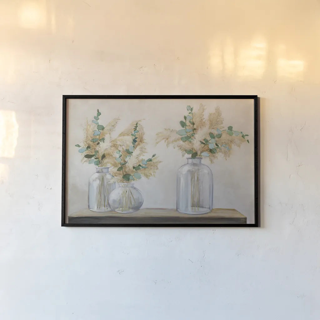 Pampas and Eucalyptus Bouquet by Julia Purinton. shown as a paper print in a black flame. Available as a archival giclee rolled canvas, fine art paper, or poster print. SKU 86028i.