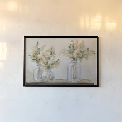 Pampas and Eucalyptus Bouquet by Julia Purinton. shown as a paper print in a black flame. Available as a archival giclee rolled canvas, fine art paper, or poster print. SKU 86028i.