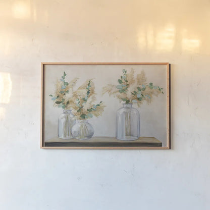 Pampas and Eucalyptus Bouquet by Julia Purinton. shown as a paper print in a natural frame. Available as a archival giclee rolled canvas, fine art paper, or poster print. SKU 86028i.
