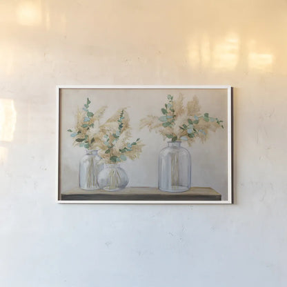 Pampas and Eucalyptus Bouquet by Julia Purinton. shown as a paper print in a white frame. Available as a archival giclee rolled canvas, fine art paper, or poster print. SKU 86028i.