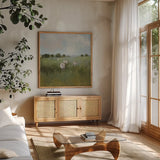 Pasture by Julia Purinton. Shown in a natural wood frame in a cozy modern living room. Available as an archival giclee rolled canvas, fine art paper, or poster print. SKU 90241a.
