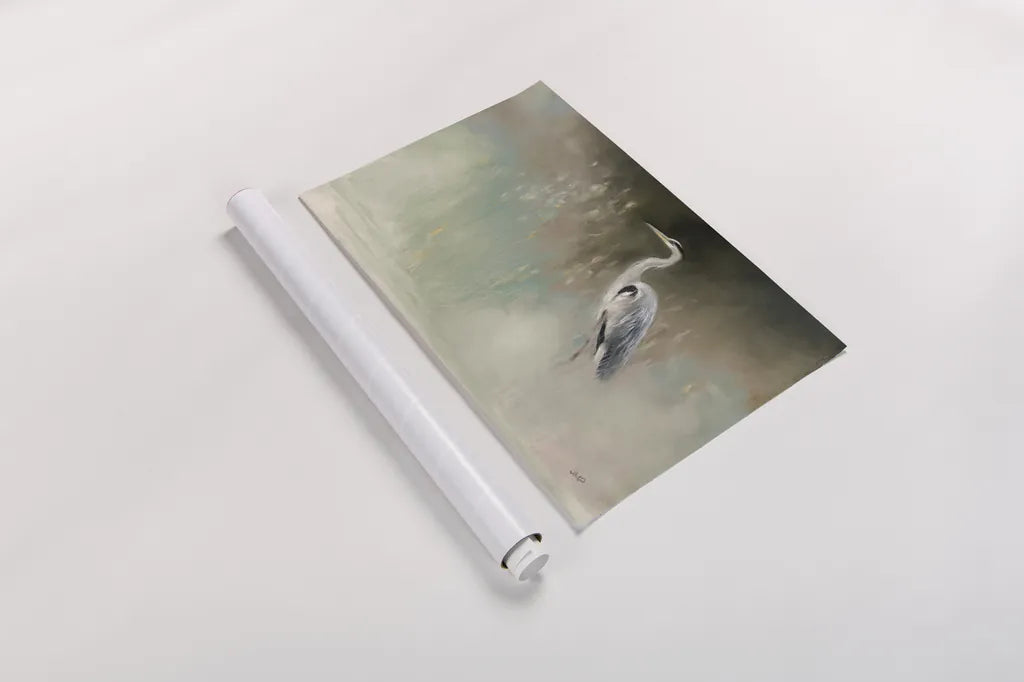 Peaceful Egret Teal Crop by Julia Purinton. shown as a rolled paper print. Available as archival giclee rolled canvas, fine art paper, or poster print. SKU 79218i.
