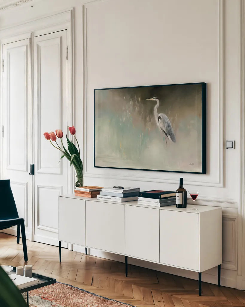 Peaceful Egret Teal Crop by Julia Purinton. shown as a framed stretched canvas in a living room above a console. Available as a archival giclee rolled canvas, fine art paper, or poster print. SKU 79218i.