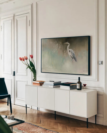 Peaceful Egret Teal Crop by Julia Purinton. shown as a framed stretched canvas in a living room above a console. Available as a archival giclee rolled canvas, fine art paper, or poster print. SKU 79218i.