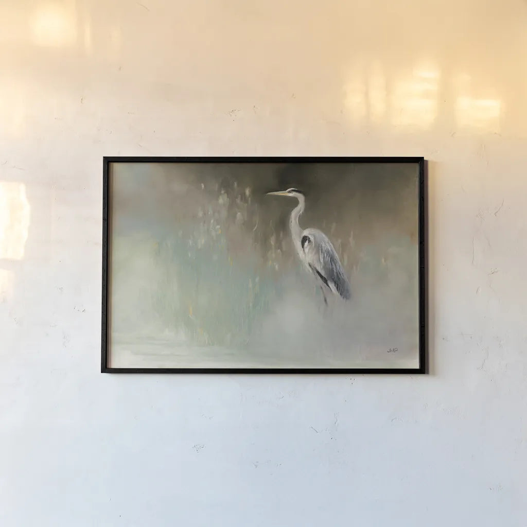 Peaceful Egret Teal Crop by Julia Purinton. shown as a paper print in a black flame. Available as a archival giclee rolled canvas, fine art paper, or poster print. SKU 79218i.