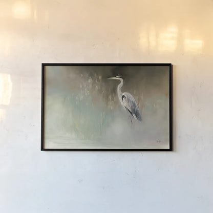 Peaceful Egret Teal Crop by Julia Purinton. shown as a paper print in a black flame. Available as a archival giclee rolled canvas, fine art paper, or poster print. SKU 79218i.
