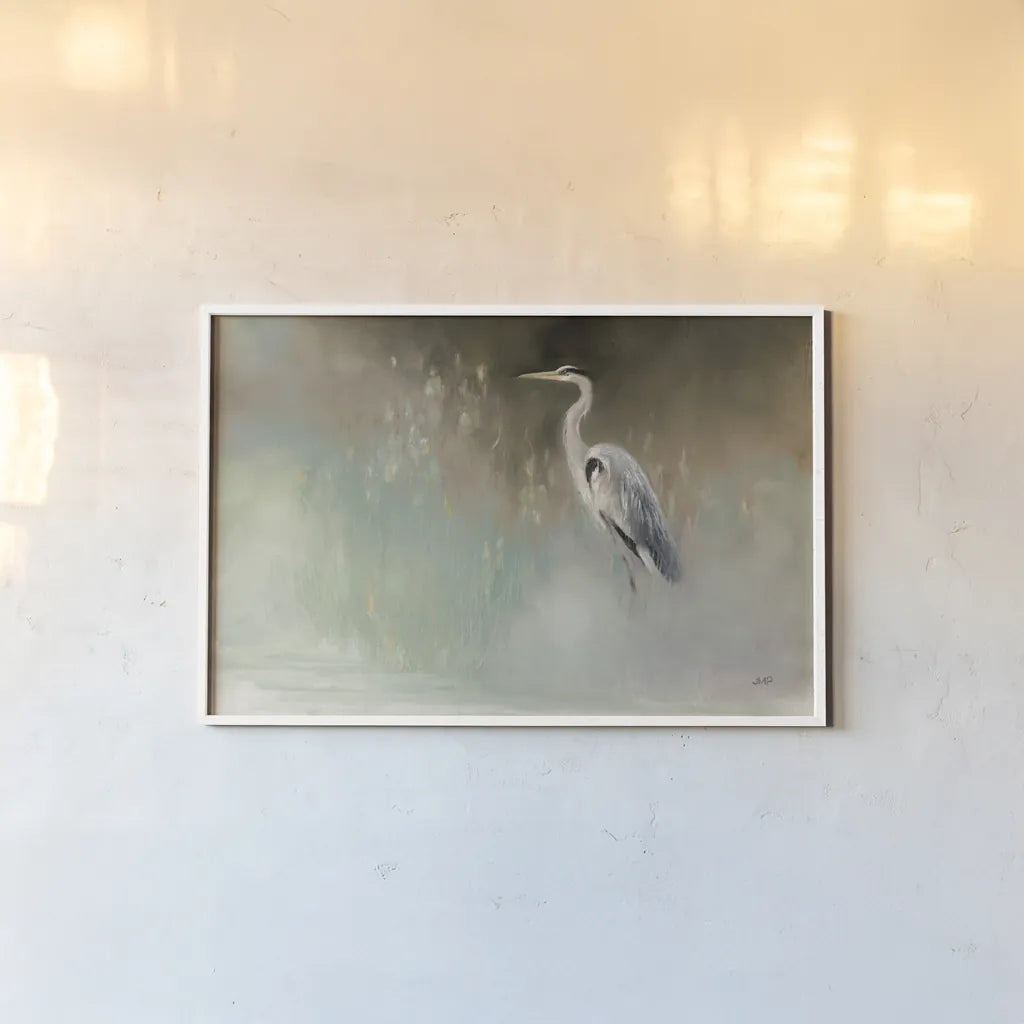 Peaceful Egret Teal Crop by Julia Purinton. shown as a paper print in a white frame. Available as a archival giclee rolled canvas, fine art paper, or poster print. SKU 79218i.