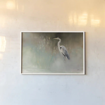 Peaceful Egret Teal Crop by Julia Purinton. shown as a paper print in a white frame. Available as a archival giclee rolled canvas, fine art paper, or poster print. SKU 79218i.