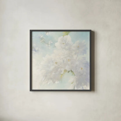 Pear Blossoms by Julia Purinton. Shown in a sleek black glass frame for a contemporary gallery look. Available as an archival giclee rolled canvas, fine art paper, or poster print. SKU 33434a.