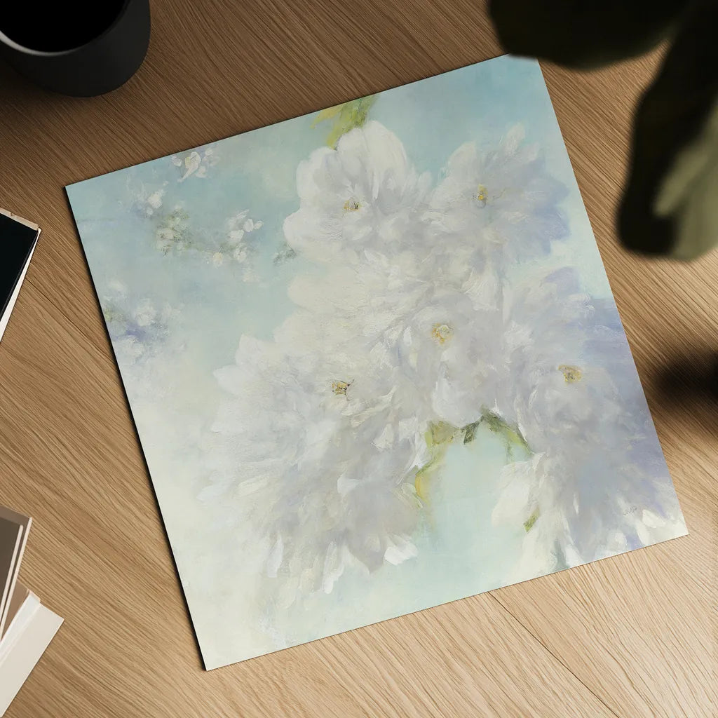 Pear Blossoms Bright by Julia Purinton. Shown as a detailed flat fine art print, highlighting archival giclee quality. Available as an archival giclee rolled canvas, fine art paper, or poster print. SKU 34176a.