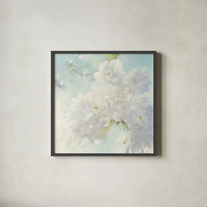 Pear Blossoms Bright by Julia Purinton. Shown in a sleek black glass frame for a contemporary gallery look. Available as an archival giclee rolled canvas, fine art paper, or poster print. SKU 34176a.