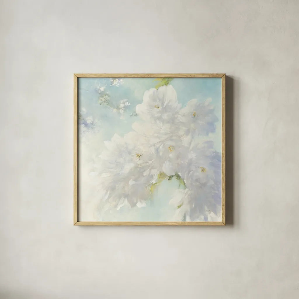 Pear Blossoms Bright by Julia Purinton. Shown in a natural wood glass frame for a timeless modern aesthetic. Available as an archival giclee rolled canvas, fine art paper, or poster print. SKU 34176a.