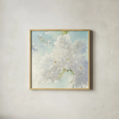 Pear Blossoms Bright by Julia Purinton. Shown in a natural wood glass frame for a timeless modern aesthetic. Available as an archival giclee rolled canvas, fine art paper, or poster print. SKU 34176a.