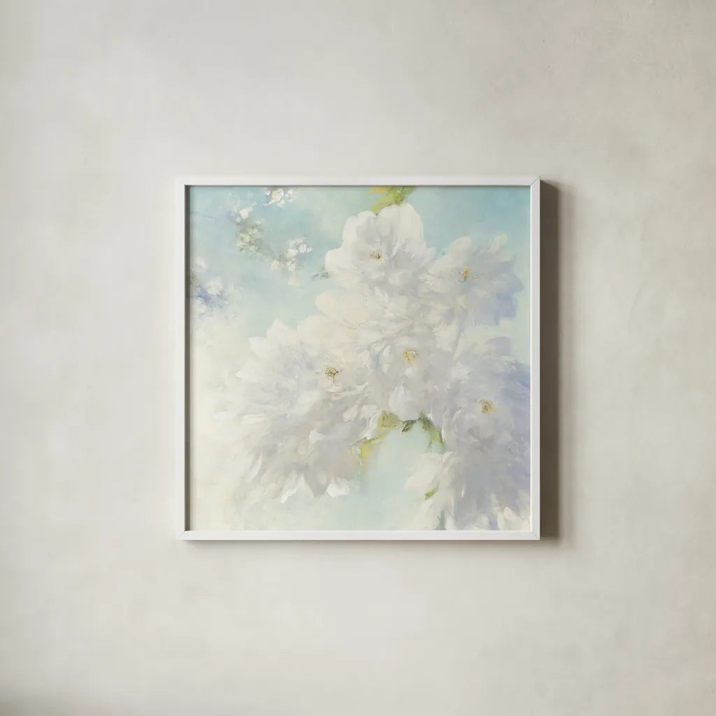 Pear Blossoms Bright by Julia Purinton. Shown in a crisp white glass frame for a clean and minimalist style. Available as an archival giclee rolled canvas, fine art paper, or poster print. SKU 34176a.