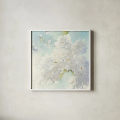 Pear Blossoms Bright by Julia Purinton. Shown in a crisp white glass frame for a clean and minimalist style. Available as an archival giclee rolled canvas, fine art paper, or poster print. SKU 34176a.