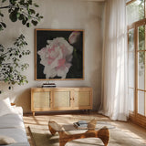 Pink Petals by Julia Purinton. Shown in a natural wood frame in a cozy modern living room. Available as an archival giclee rolled canvas, fine art paper, or poster print. SKU 103374a.