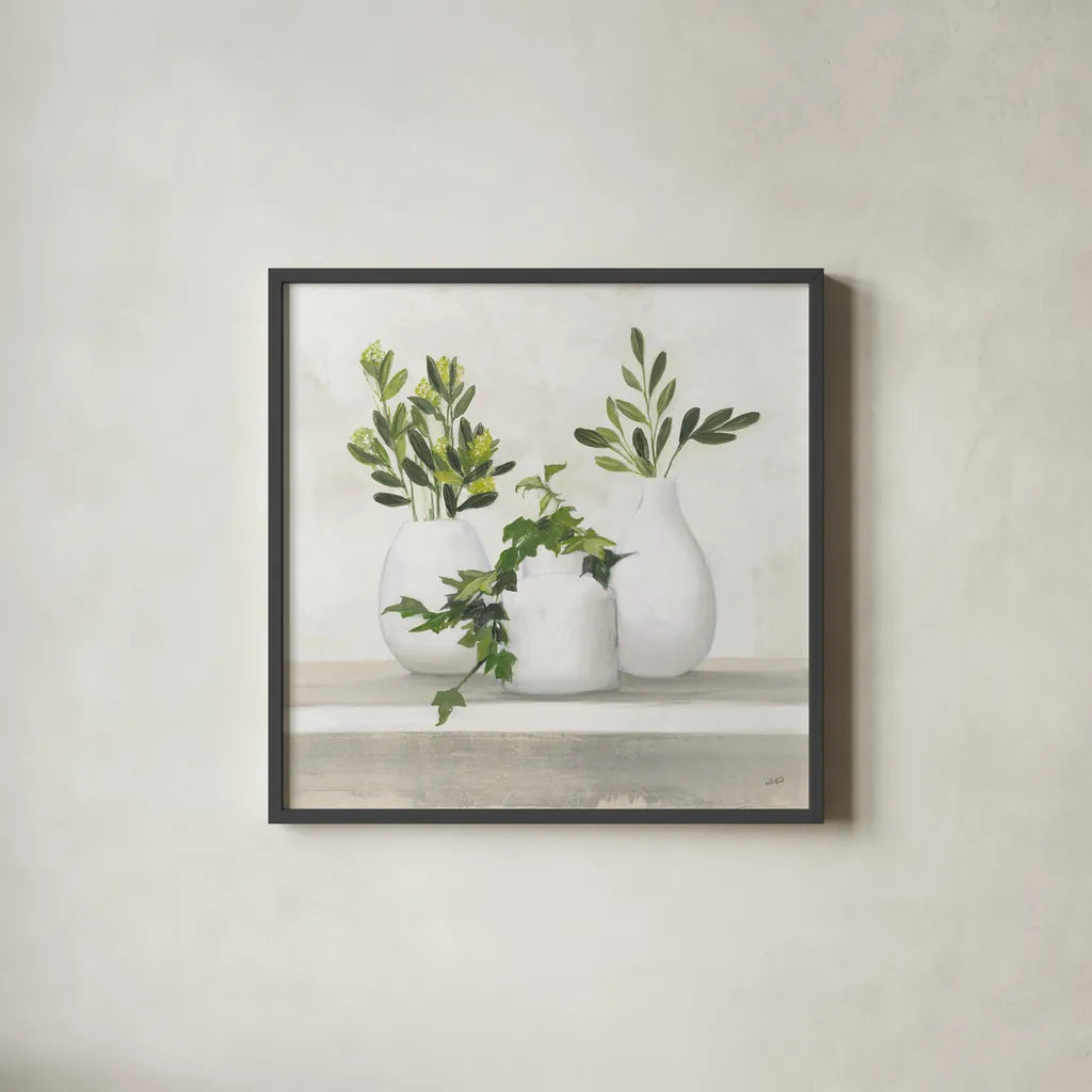 Plant Life II by Julia Purinton. Shown in a sleek black glass frame for a contemporary gallery look. Available as an archival giclee rolled canvas, fine art paper, or poster print. SKU 74395a.