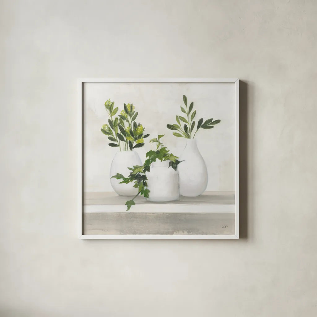 Plant Life II by Julia Purinton. Shown in a crisp white glass frame for a clean and minimalist style. Available as an archival giclee rolled canvas, fine art paper, or poster print. SKU 74395a.