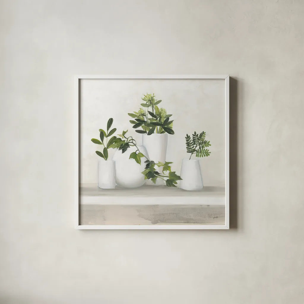 Plant Life III by Julia Purinton. Shown in a crisp white glass frame for a clean and minimalist style. Available as an archival giclee rolled canvas, fine art paper, or poster print. SKU 74396a.