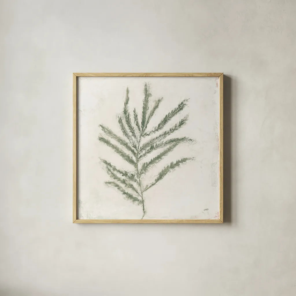Plantlife I Green by Julia Purinton. Shown in a natural wood glass frame for a timeless modern aesthetic. Available as an archival giclee rolled canvas, fine art paper, or poster print. SKU 75952a.