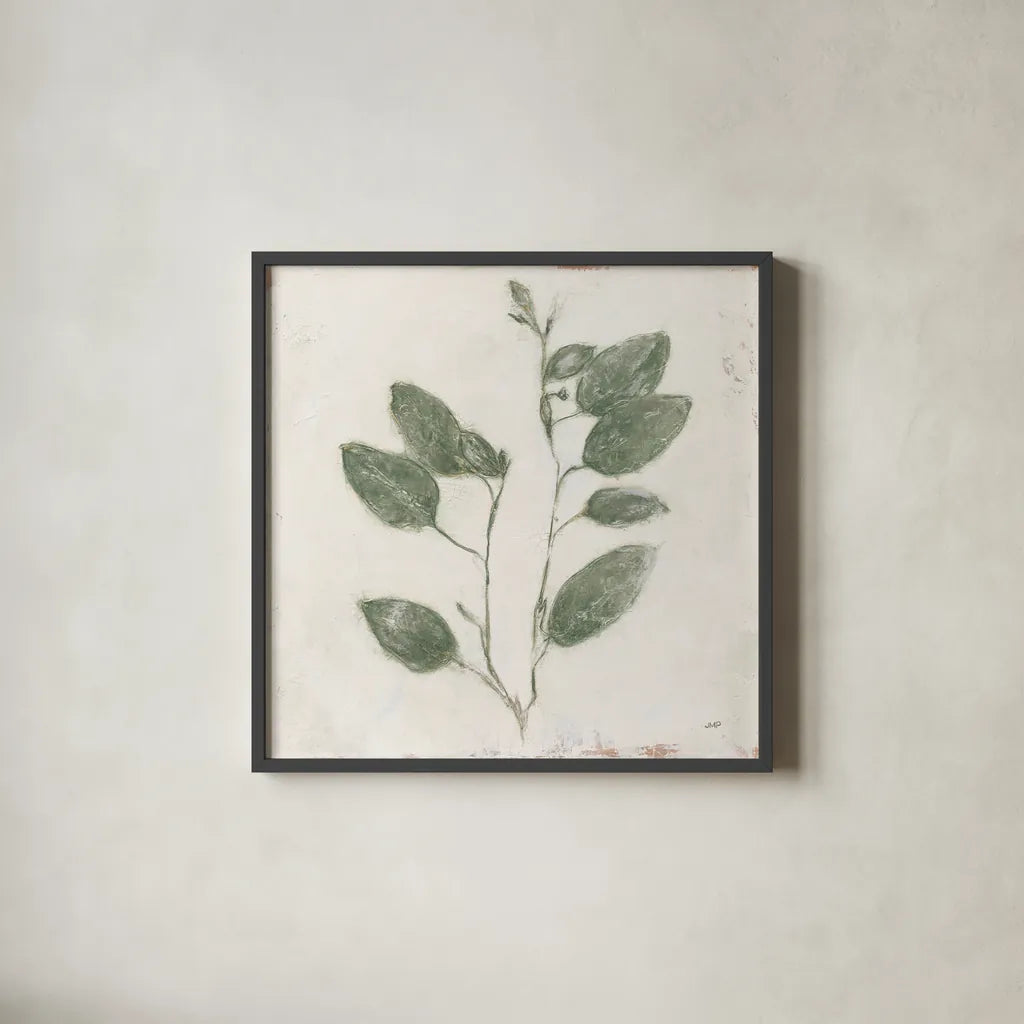 Plantlife II Green by Julia Purinton. Shown in a sleek black glass frame for a contemporary gallery look. Available as an archival giclee rolled canvas, fine art paper, or poster print. SKU 75953a.