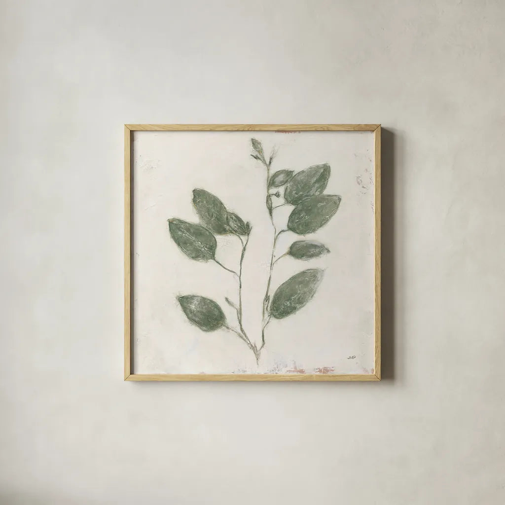 Plantlife II Green by Julia Purinton. Shown in a natural wood glass frame for a timeless modern aesthetic. Available as an archival giclee rolled canvas, fine art paper, or poster print. SKU 75953a.