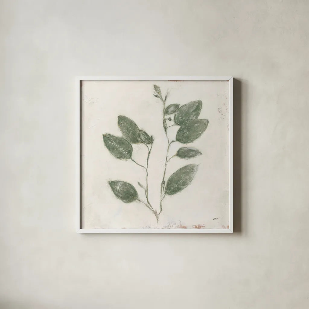 Plantlife II Green by Julia Purinton. Shown in a crisp white glass frame for a clean and minimalist style. Available as an archival giclee rolled canvas, fine art paper, or poster print. SKU 75953a.