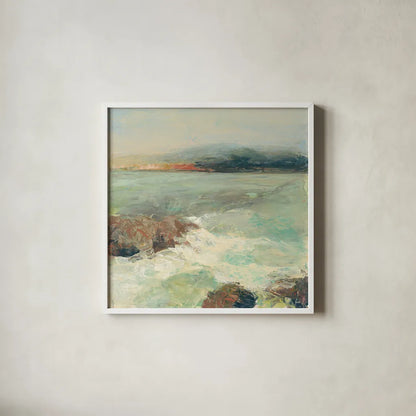 Point Lobos Crop by Julia Purinton. Shown in a crisp white glass frame for a clean and minimalist style. Available as an archival giclee rolled canvas, fine art paper, or poster print. SKU 27600a.