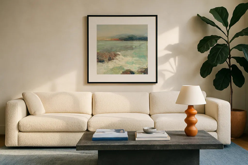 Point Lobos Crop by Julia Purinton. Displayed in a glass frame with matte in a clean modern living room. Available as an archival giclee rolled canvas, fine art paper, or poster print. SKU 27600a.