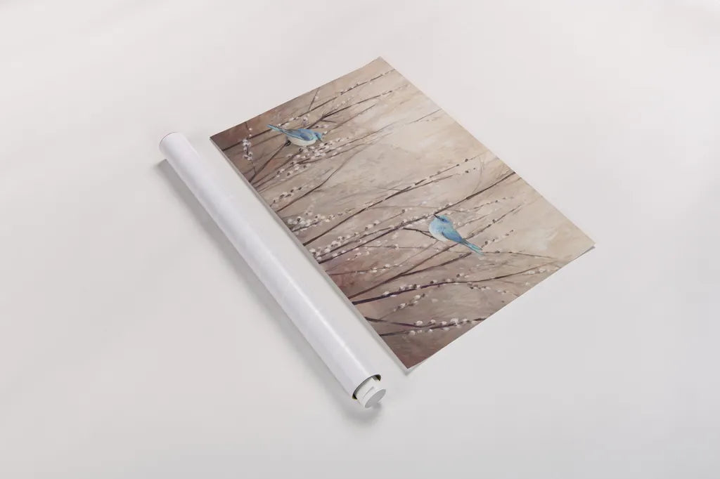 Pretty Birds by Julia Purinton. shown as a rolled paper print. Available as archival giclee rolled canvas, fine art paper, or poster print. SKU 34630i.