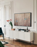 Pretty Birds by Julia Purinton. shown as a framed stretched canvas in a living room above a console. Available as a archival giclee rolled canvas, fine art paper, or poster print. SKU 34630i.