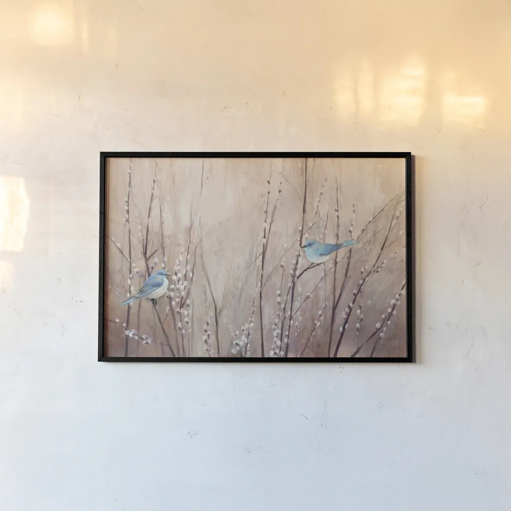 Pretty Birds by Julia Purinton. shown as a paper print in a black flame. Available as a archival giclee rolled canvas, fine art paper, or poster print. SKU 34630i.