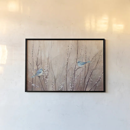 Pretty Birds by Julia Purinton. shown as a paper print in a black flame. Available as a archival giclee rolled canvas, fine art paper, or poster print. SKU 34630i.