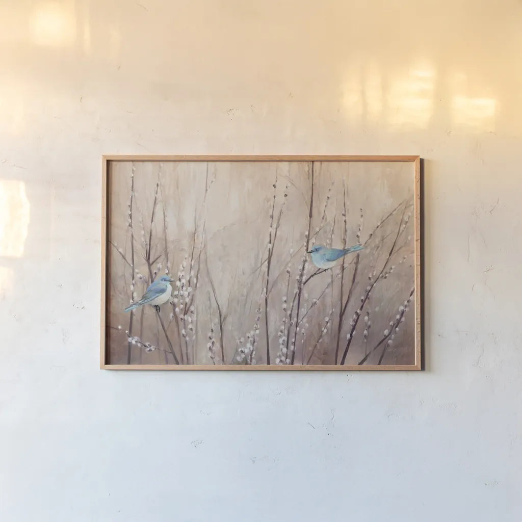 Pretty Birds by Julia Purinton. shown as a paper print in a natural frame. Available as a archival giclee rolled canvas, fine art paper, or poster print. SKU 34630i.