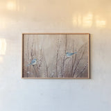 Pretty Birds by Julia Purinton. shown as a paper print in a natural frame. Available as a archival giclee rolled canvas, fine art paper, or poster print. SKU 34630i.