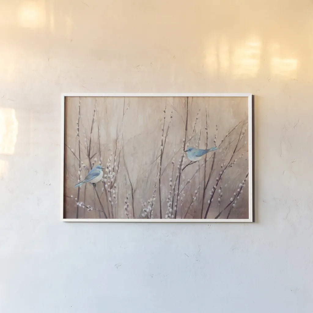 Pretty Birds by Julia Purinton. shown as a paper print in a white frame. Available as a archival giclee rolled canvas, fine art paper, or poster print. SKU 34630i.