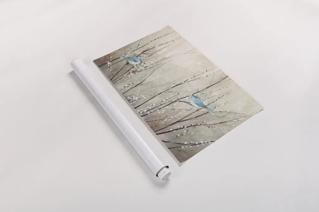 Pretty Birds Neutral by Julia Purinton. shown as a rolled paper print. Available as archival giclee rolled canvas, fine art paper, or poster print. SKU 35717i.