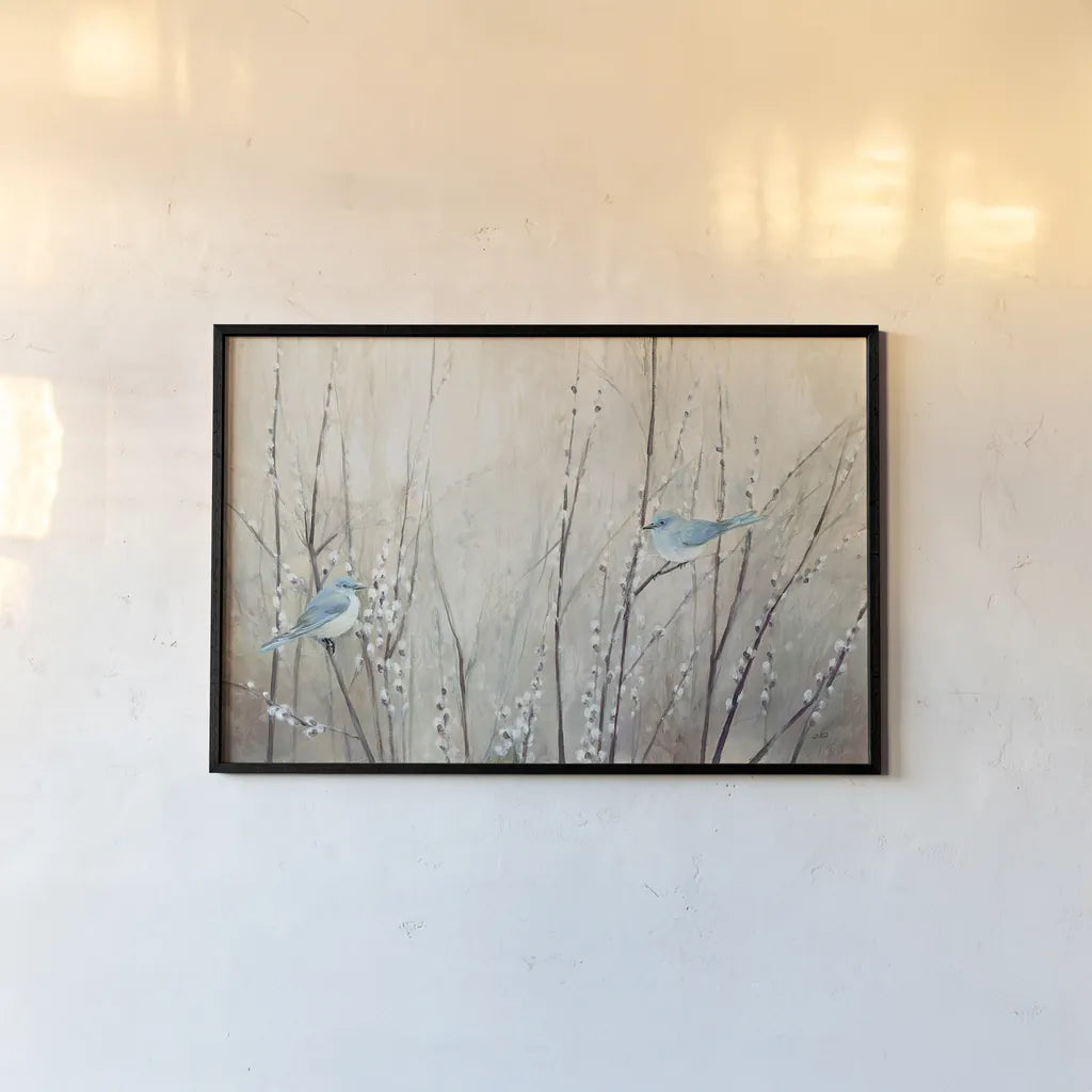 Pretty Birds Neutral by Julia Purinton. shown as a paper print in a black flame. Available as a archival giclee rolled canvas, fine art paper, or poster print. SKU 35717i.
