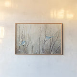 Pretty Birds Neutral by Julia Purinton. shown as a paper print in a natural frame. Available as a archival giclee rolled canvas, fine art paper, or poster print. SKU 35717i.