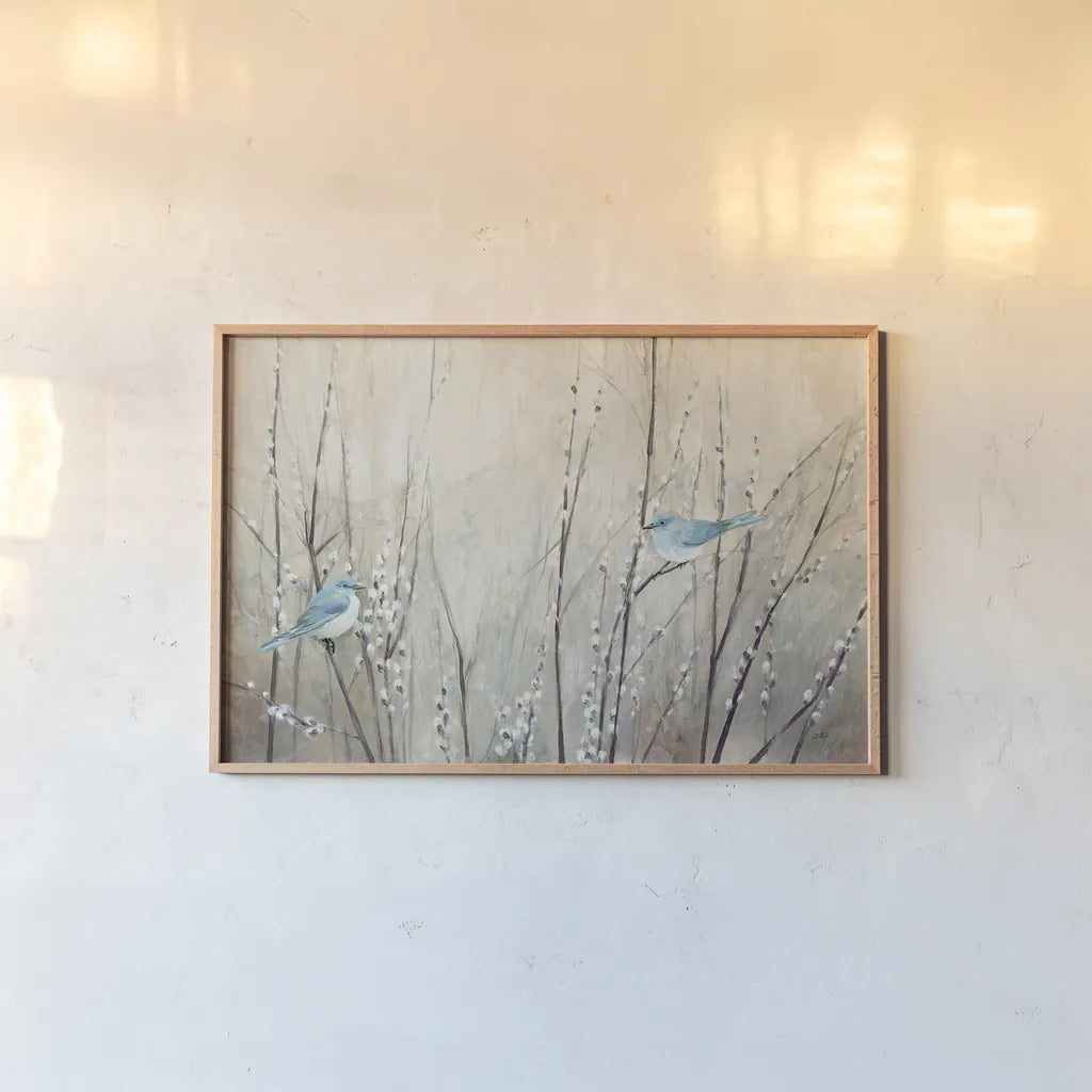 Pretty Birds Neutral by Julia Purinton. shown as a paper print in a natural frame. Available as a archival giclee rolled canvas, fine art paper, or poster print. SKU 35717i.