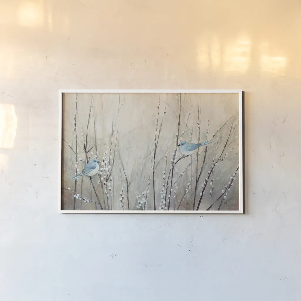 Pretty Birds Neutral by Julia Purinton. shown as a paper print in a white frame. Available as a archival giclee rolled canvas, fine art paper, or poster print. SKU 35717i.