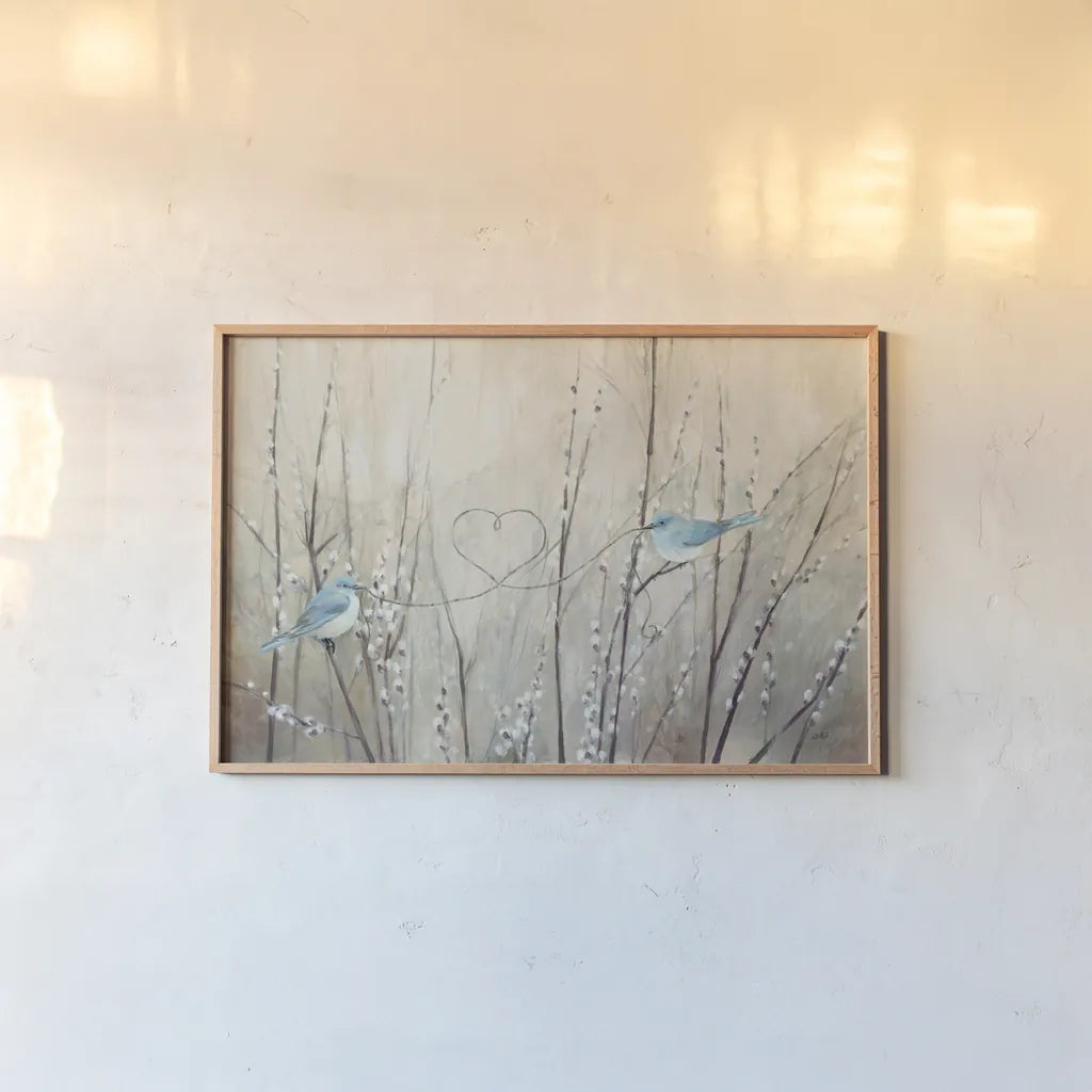 Pretty Birds Neutral String by Julia Purinton. shown as a paper print in a natural frame. Available as a archival giclee rolled canvas, fine art paper, or poster print. SKU 35978i.