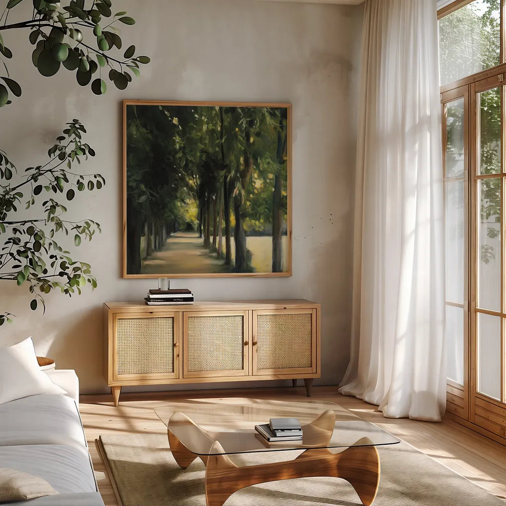 Promenade Crop by Julia Purinton. Shown in a natural wood frame in a cozy modern living room. Available as an archival giclee rolled canvas, fine art paper, or poster print. SKU 16192a.