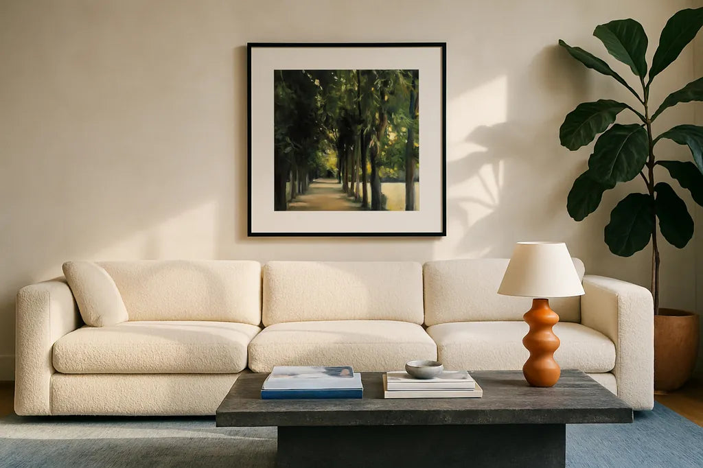 Promenade Crop by Julia Purinton. Displayed in a glass frame with matte in a clean modern living room. Available as an archival giclee rolled canvas, fine art paper, or poster print. SKU 16192a.